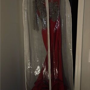 Elegant Red Gown with Silver Embellishments